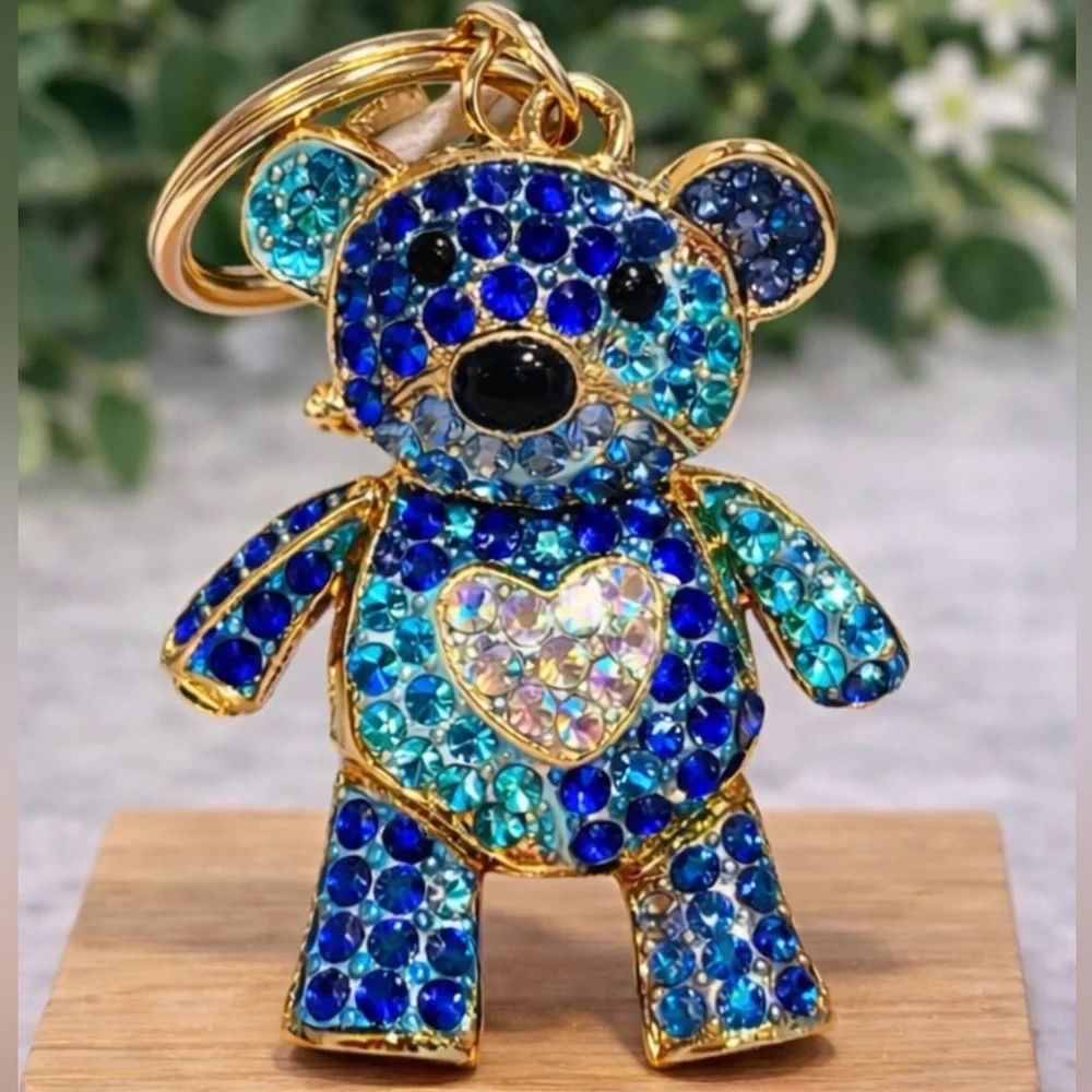 Sparkling Blue and Gold Bear Keychain